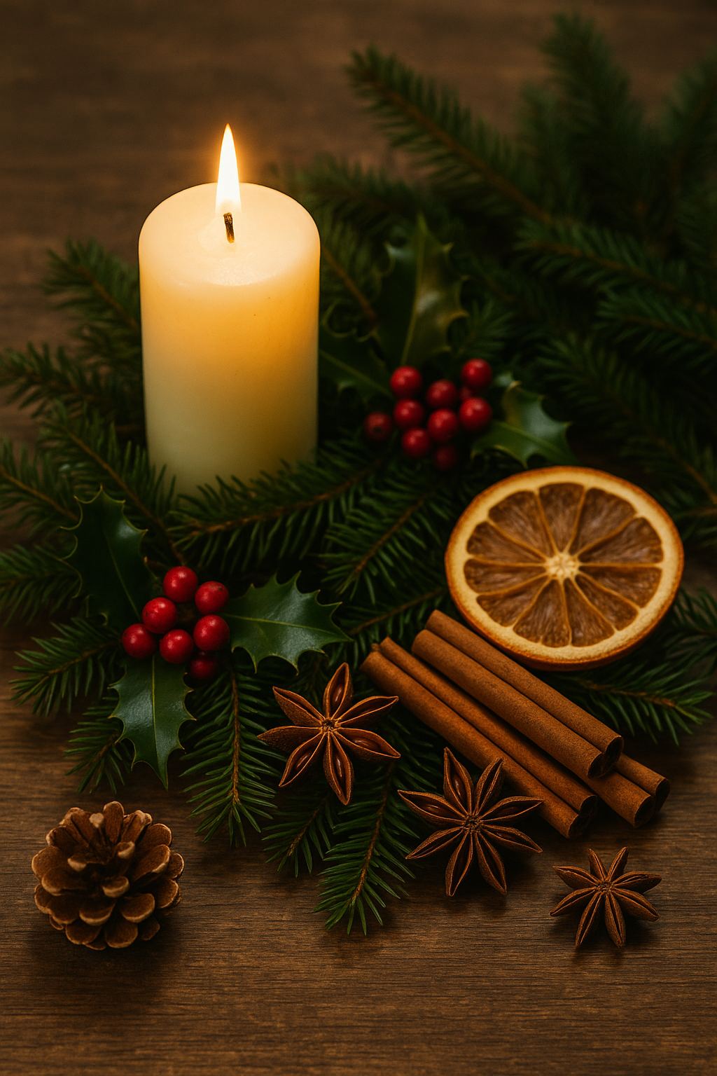 Yule decorations with candles, evergreens, dried oranges, pinecones, and cinnamon on a rustic wooden background for a winter solstice celebration.