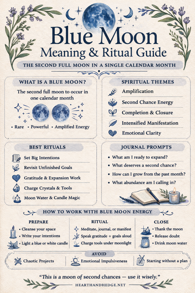 Infographic showing Blue Moon meanings, sybolism, and common practices