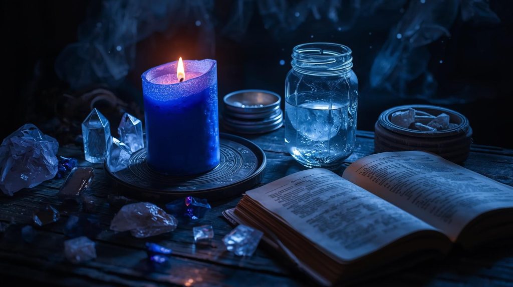 Blue Moon ritual altar with candle, moon water, crystals, and journal