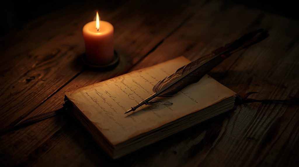 open notebook with simple handwritten notes, pen resting on page, candle nearby, warm dim lighting, rustic wooden table, realistic photography, no stylized fonts