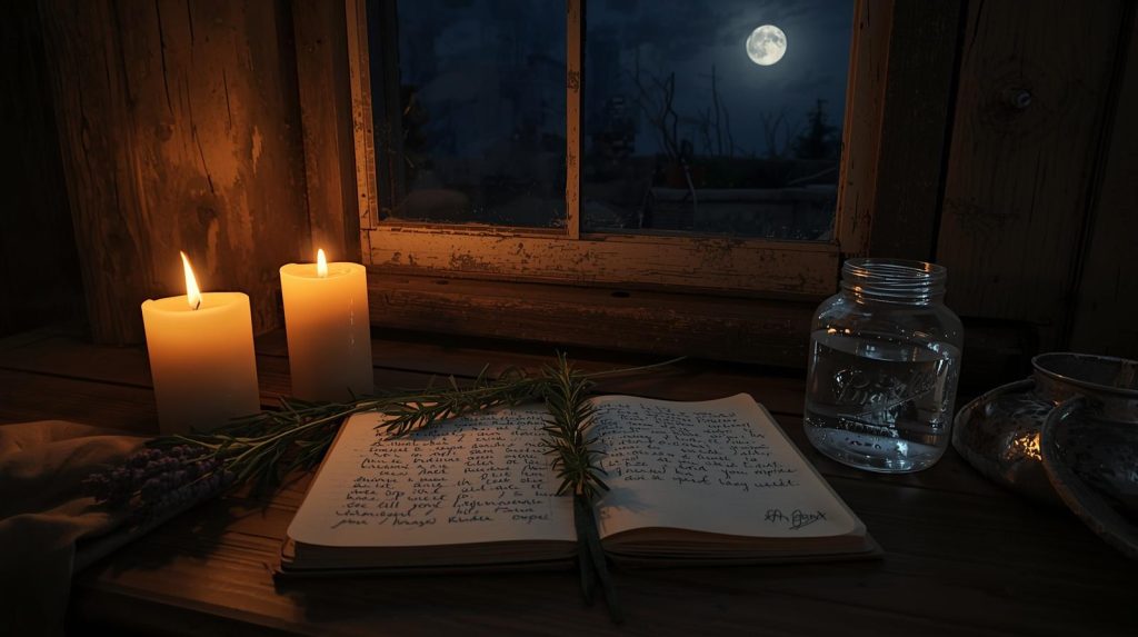 full moon ritual setup with journal, candle, herbs, and jar of water on a wooden table at night