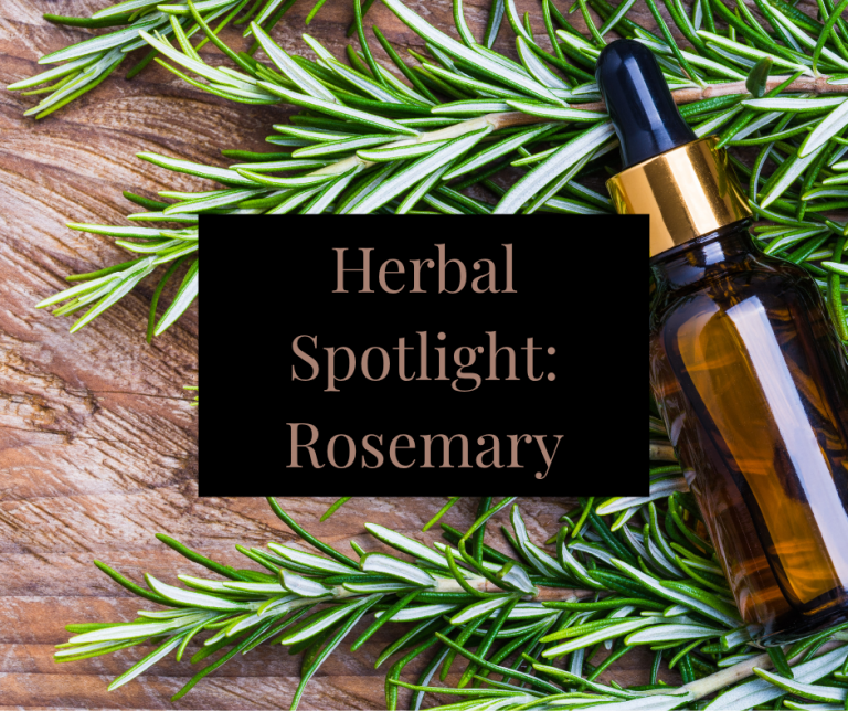 rosemary benefits and uses shown with fresh rosemary and a dropper bottle on a wooden surface