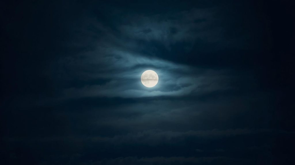 bright full moon in night sky with soft clouds