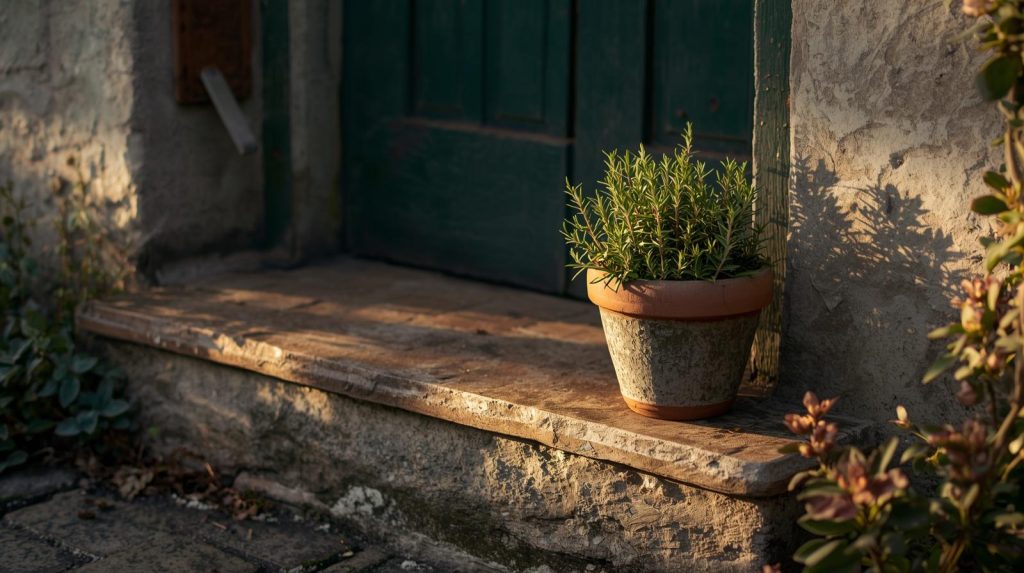 potted rosemary plant in natural sunlight outside cottage doorway