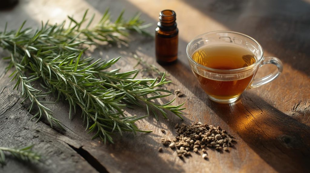 rosemary tea benefits with fresh rosemary, herbal oil, and dried seeds on wooden surface
