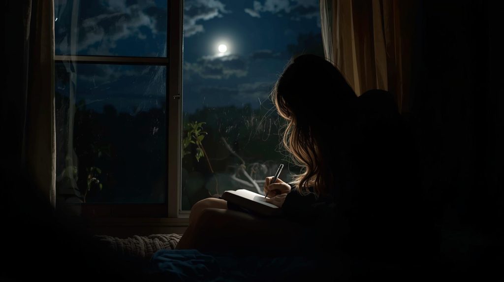 person journaling by moonlight during a full moon night