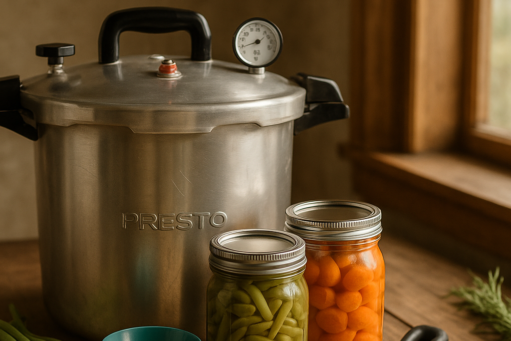 Beginner’s Guide to Pressure Canning Vegetables 2 A Presto pressure canner on a rustic wooden counter with jars of canned green beans and carrots, canning tools, and fresh vegetables nearby.