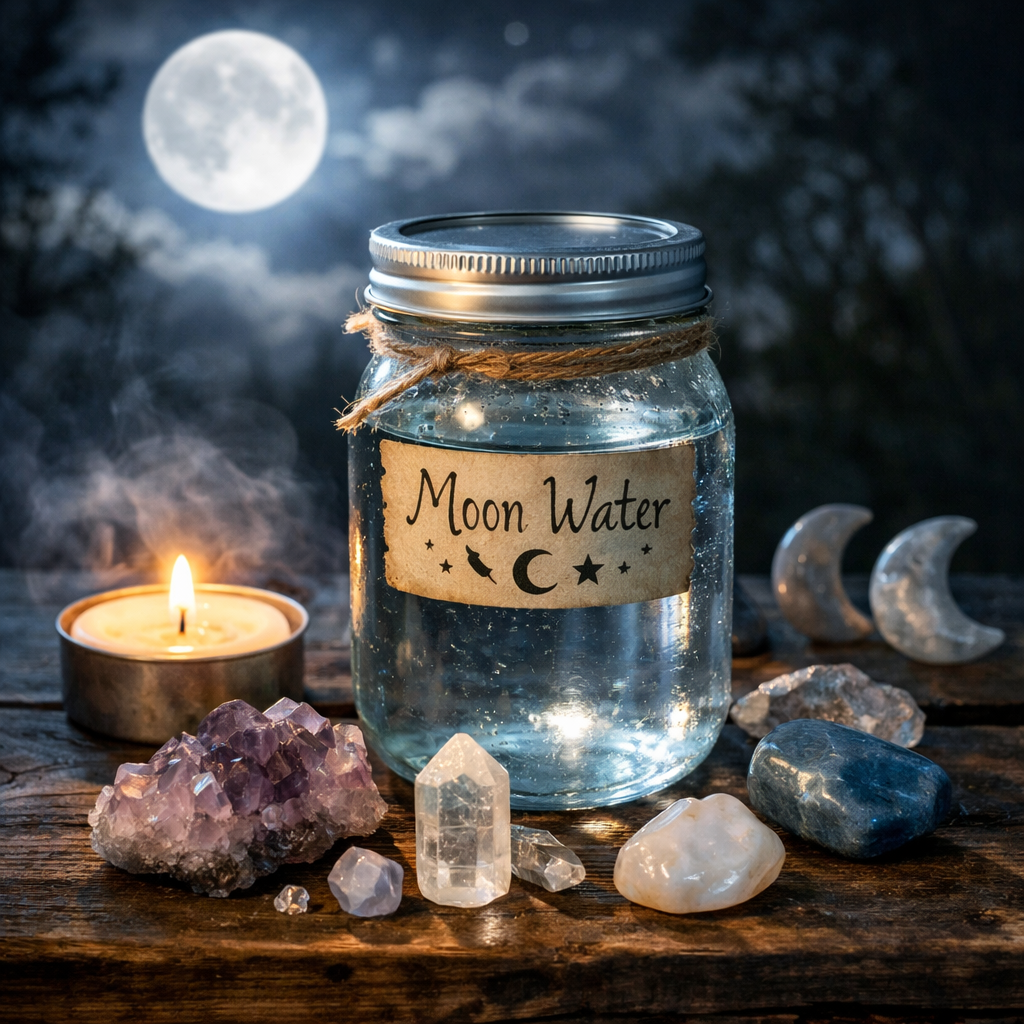 Jar of moon water with crystals
