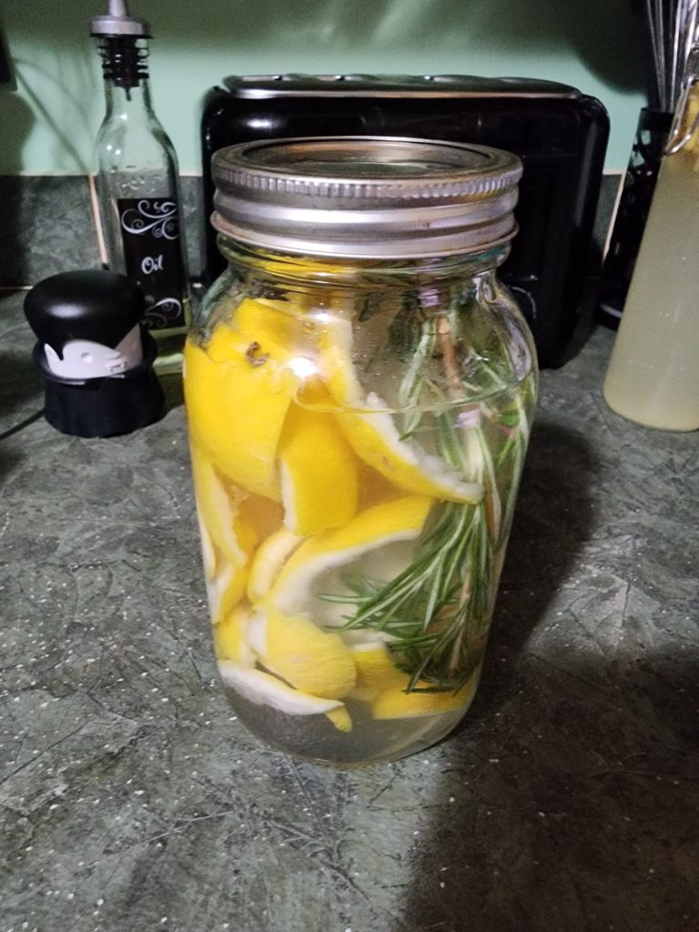 Lemon and rosemary infusing in a jar of vinegar to make a homemade cleaning solution