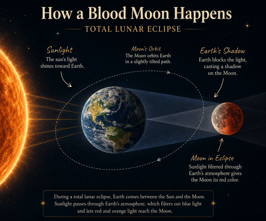 Lunar eclipse diagram explaining why the blood moon is red