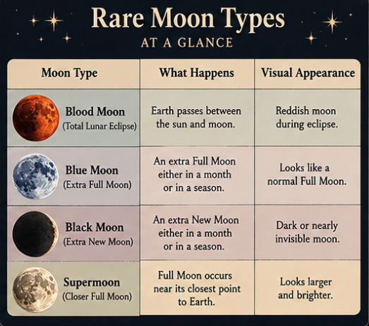 Rare Moon Types infographic chart for blood moon, blue moon, black moon, and supermoon.