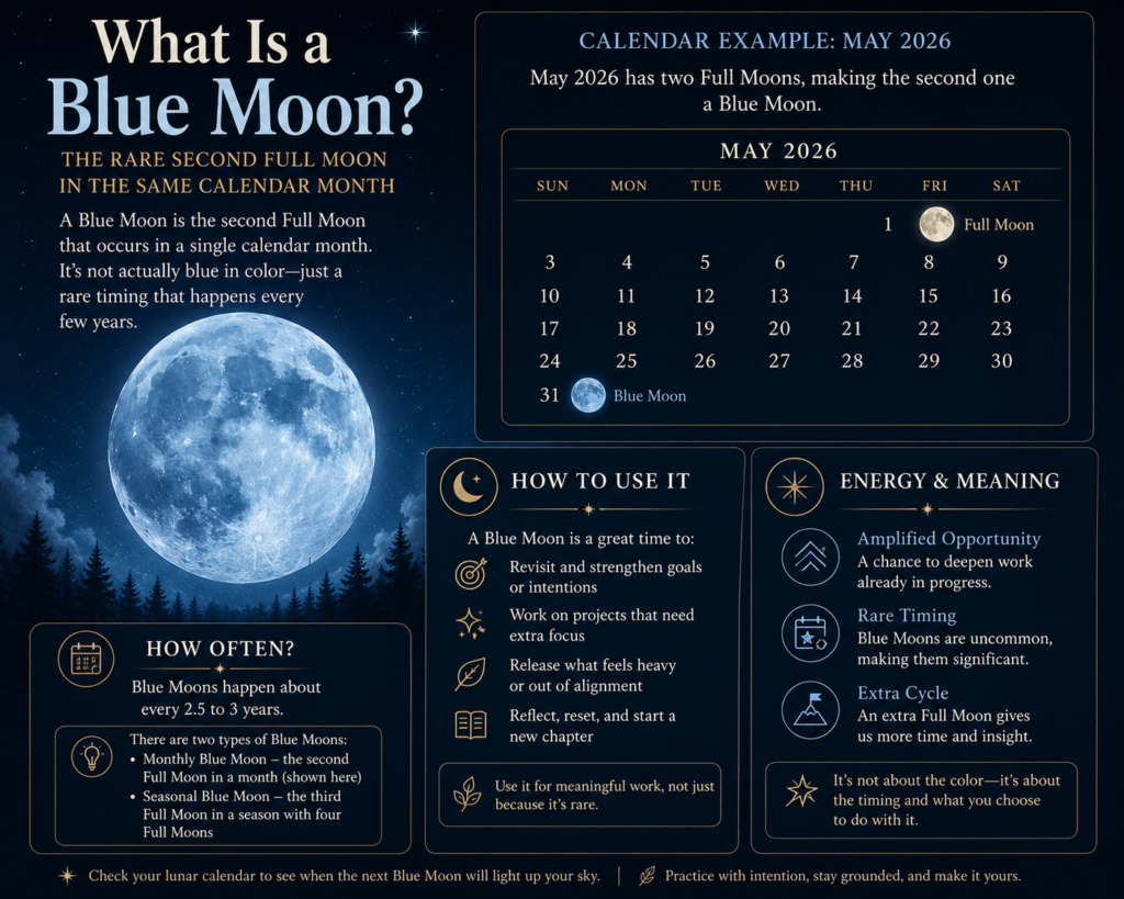 Dark blue infographic explaining what a Blue Moon is, including two Full Moons in May 2026 and the difference between monthly and seasonal Blue Moons.