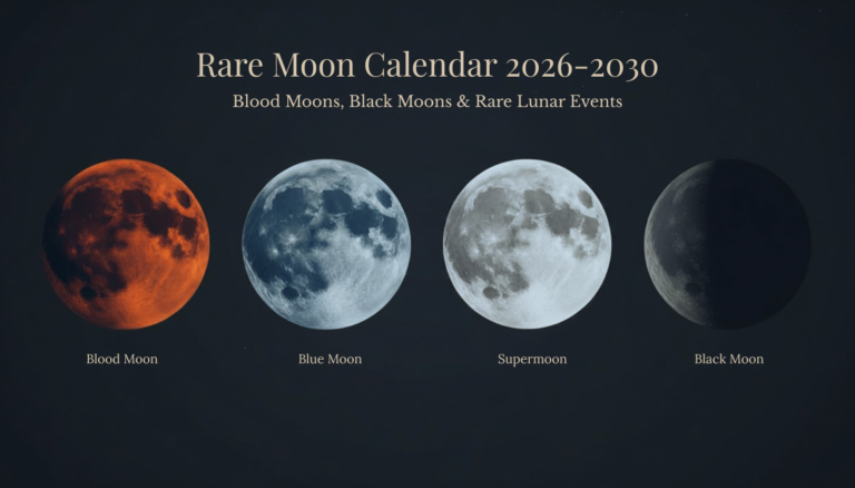 Rare Moon Calendar featured image showing Blood Moon, Blue Moon, Supermoon, and Black Moon phases against a dark night sky.