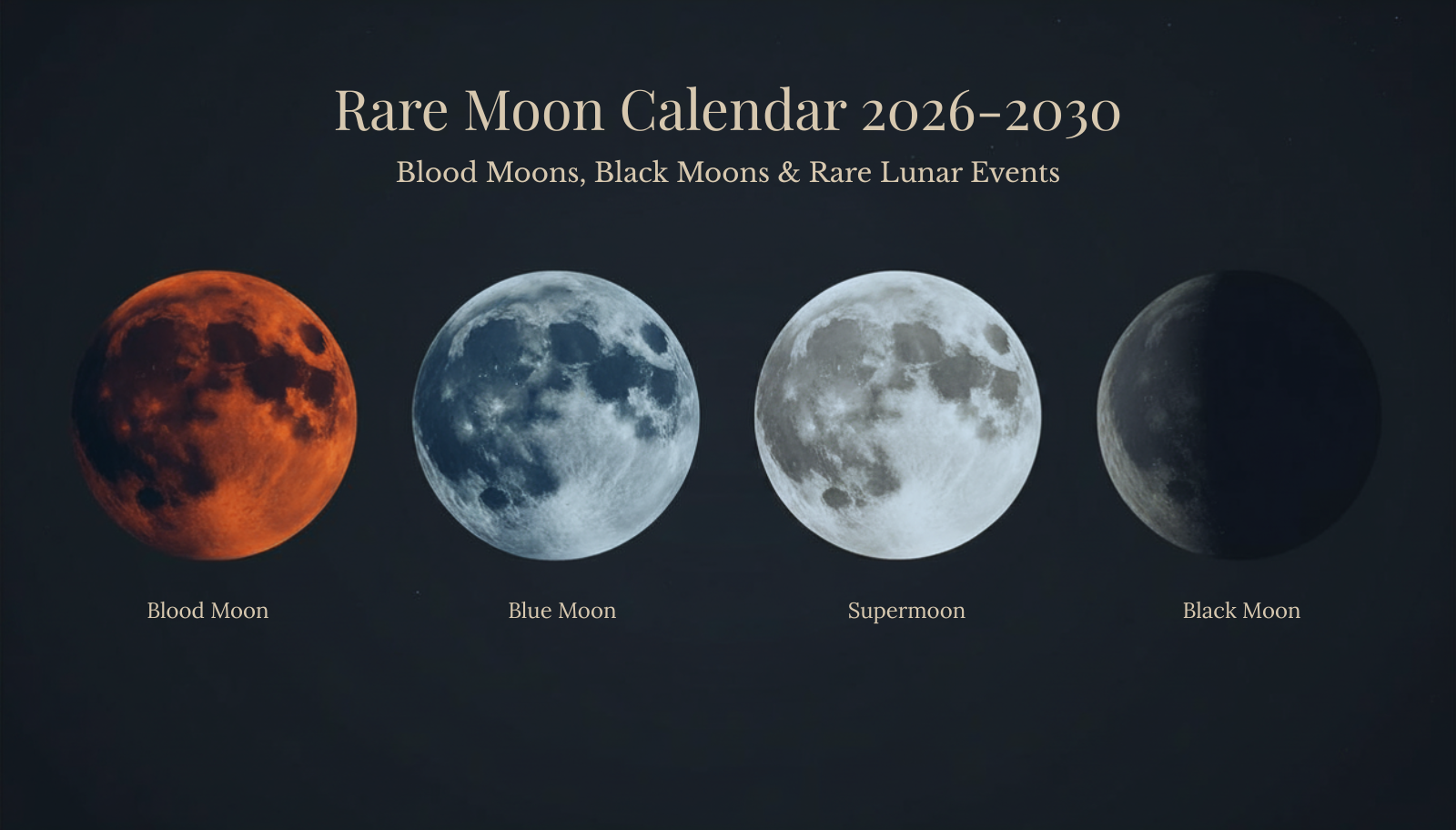 Rare Moon Calendar featured image showing Blood Moon, Blue Moon, Supermoon, and Black Moon phases against a dark night sky.
