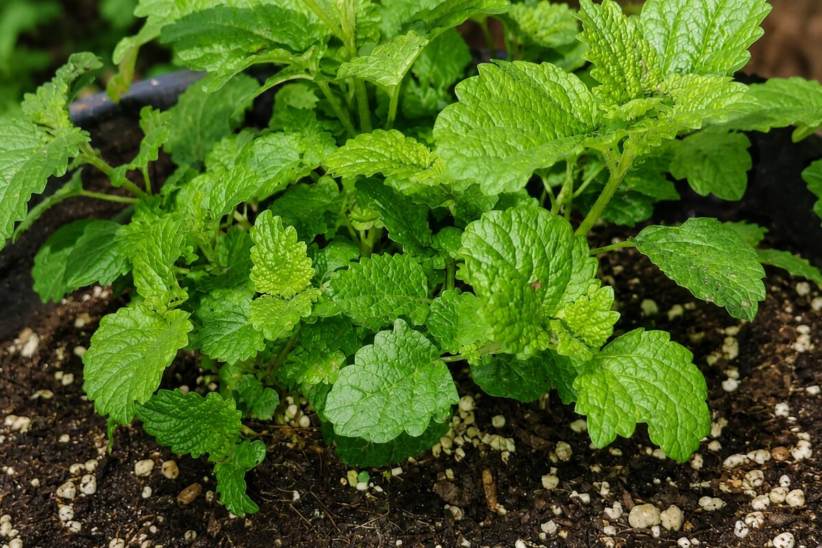 Fresh lemon balm growing in a greenhouse container