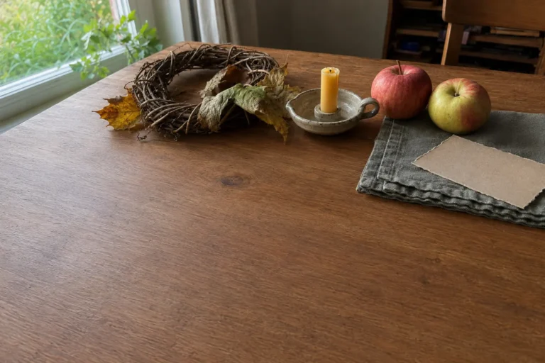 Handmade Mabon wreath, apples, and candle arranged on an autumn table.