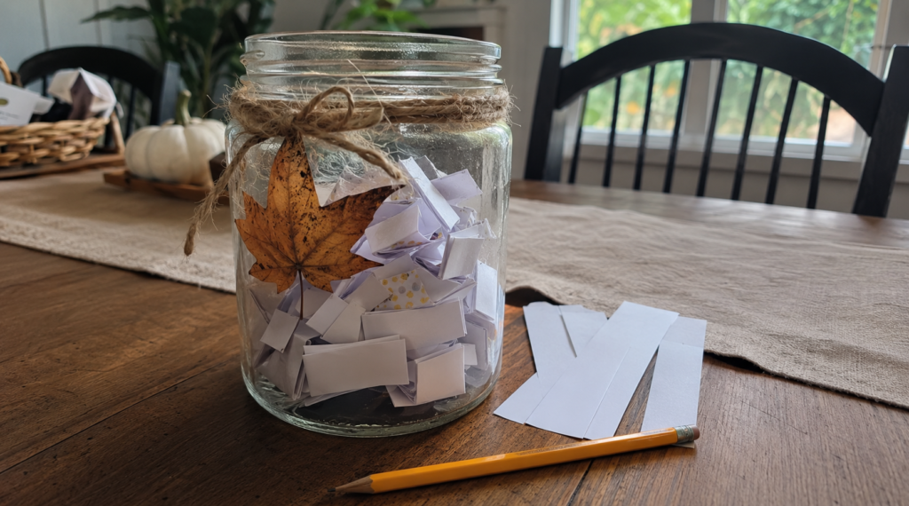 Glass gratitude jar filled with handwritten notes on an autumn table.