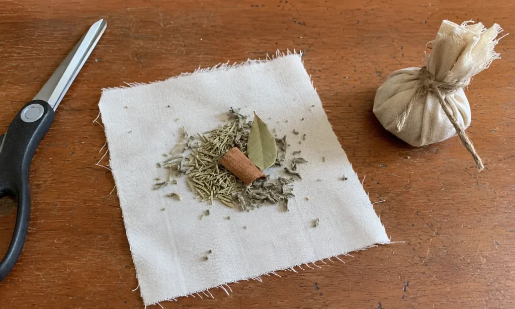 Handmade cloth herbal sachet filled with dried seasonal herbs beside rosemary and cinnamon.