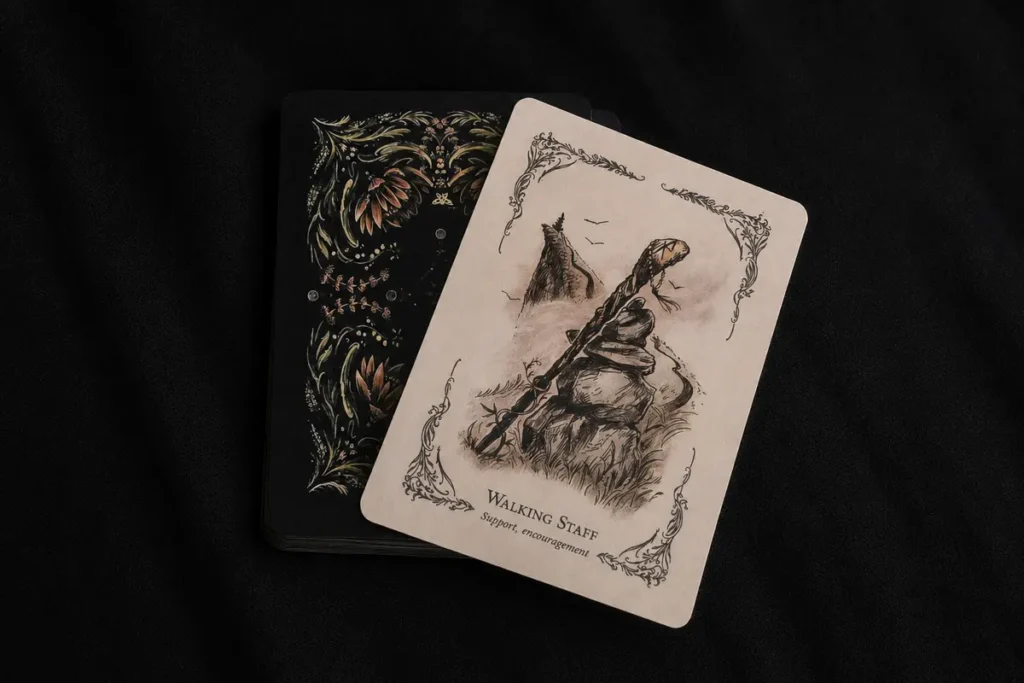 Walking Staff oracle card drawn for a one-card waning moon reflection
