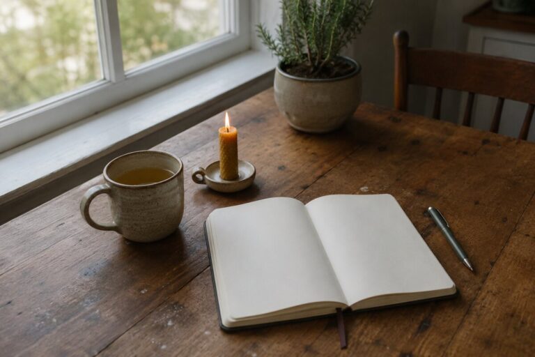 Herbal tea, a candle, and an open journal arranged for a simple daily ritual