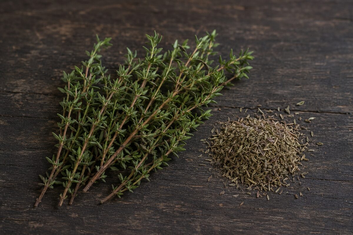 Top 10 Best Herbal Teas for Cold & Flu Season 10 Fresh thyme sprigs and dried thyme leaves on a wooden surface