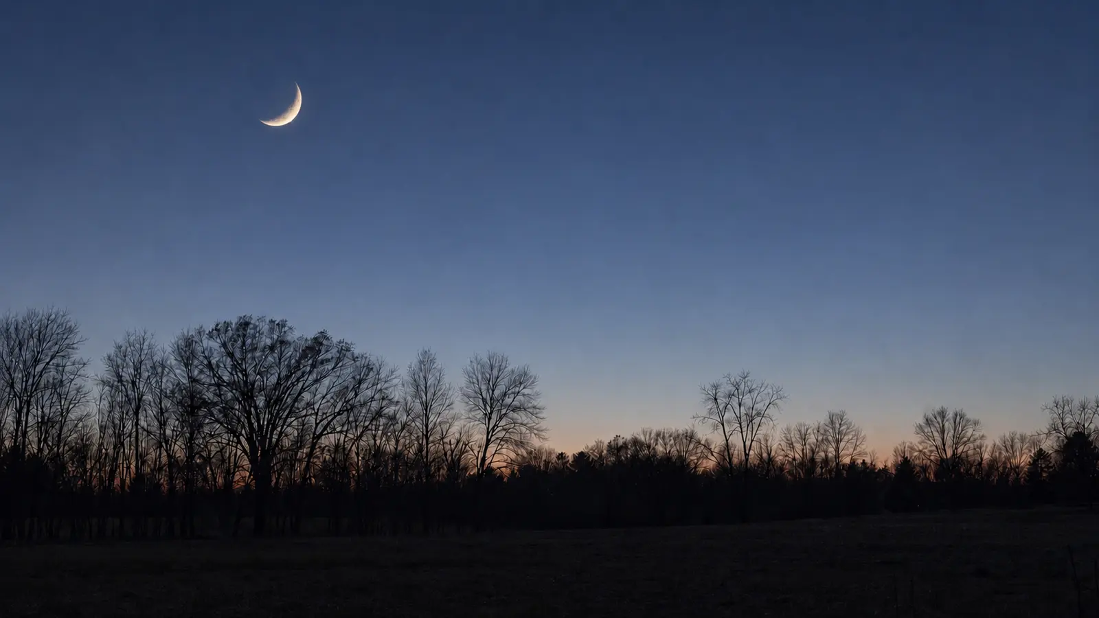 Waning crescent moon above a rural tree line before sunrise