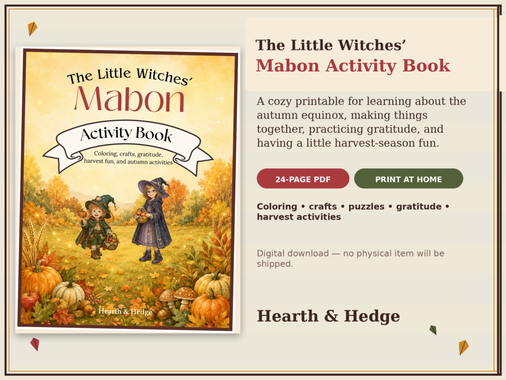 The Little Witches’ Mabon Activity Book for kids with autumn equinox activities, crafts, coloring pages, gratitude activities, Luna, and Theo.