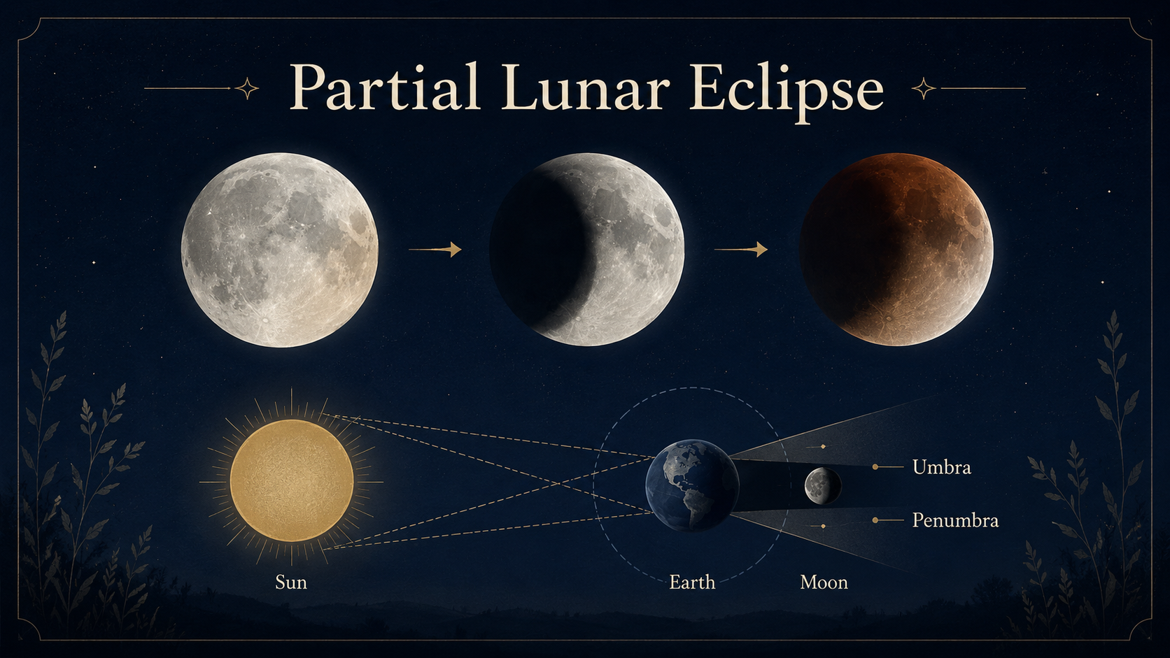 Partial lunar eclipse diagram showing eclipse stages and the Sun, Earth, Moon, umbra, and penumbra