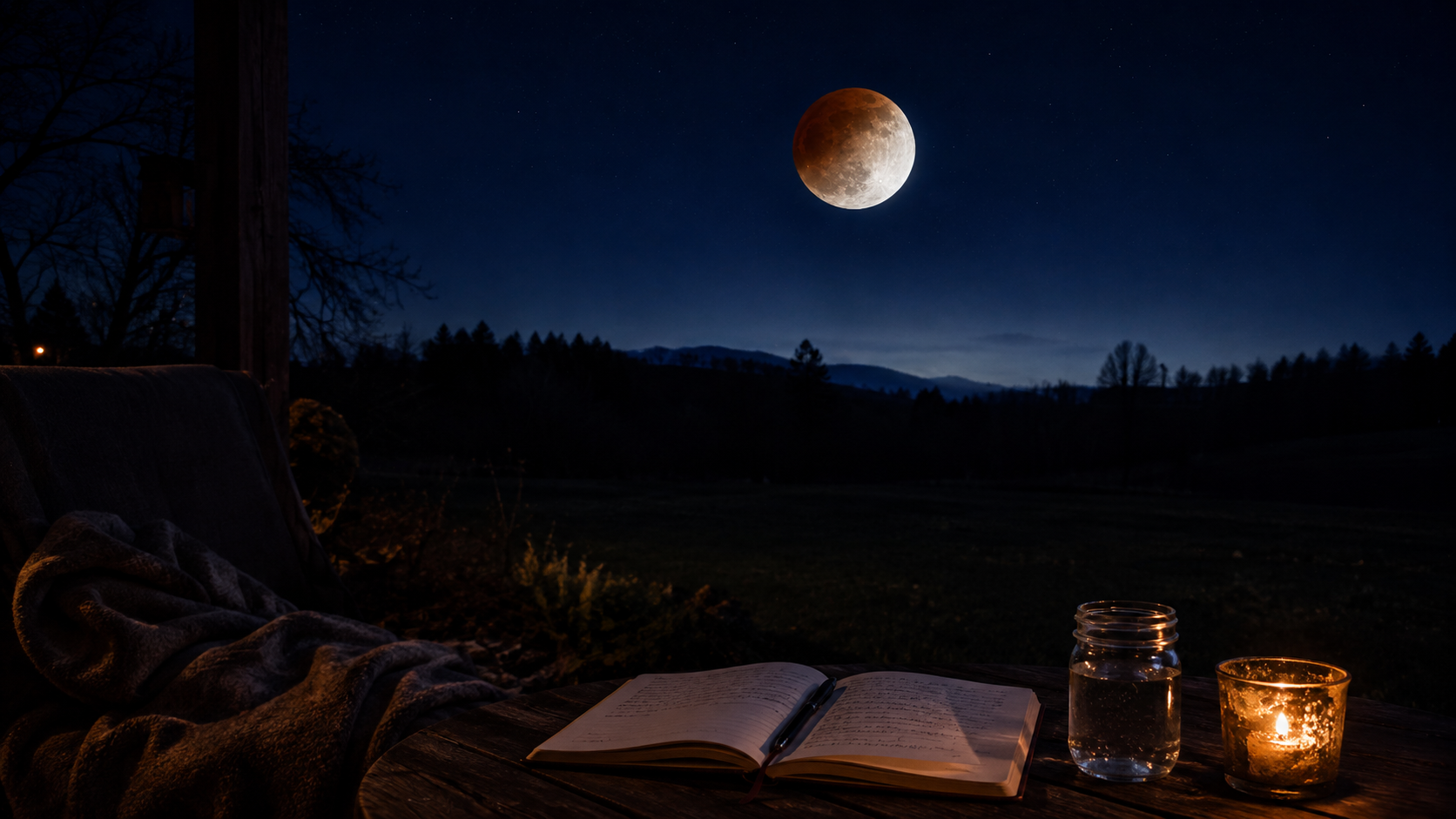 Open journal, jar of water, and candle on a porch beneath a partial lunar eclipse