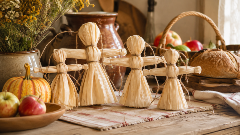 Handmade corn husk dolls arranged on a harvest table with apples, pumpkin, bread, and dried herbs.
