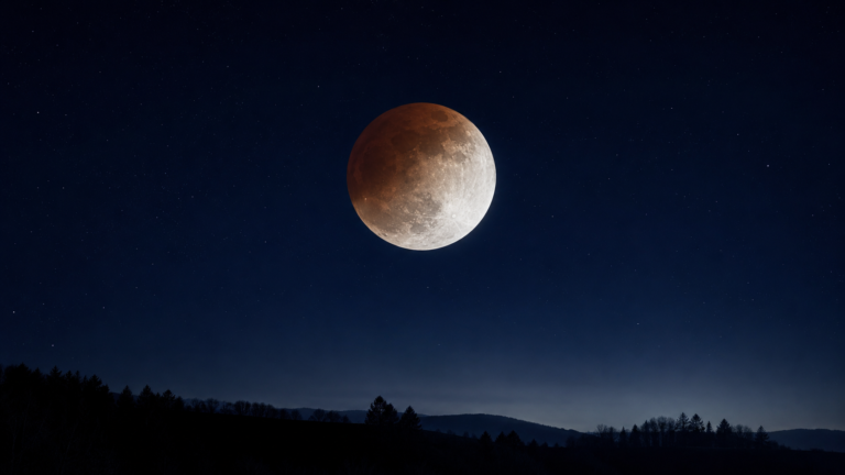 Partial lunar eclipse with a copper-shadowed Moon above a dark wooded rural horizon