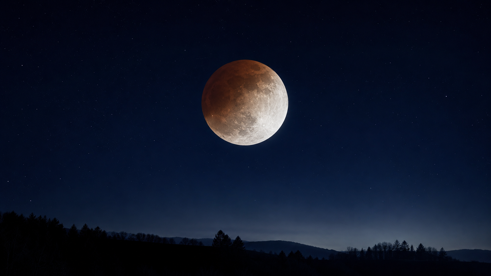 Partial lunar eclipse with a copper-shadowed Moon above a dark wooded rural horizon