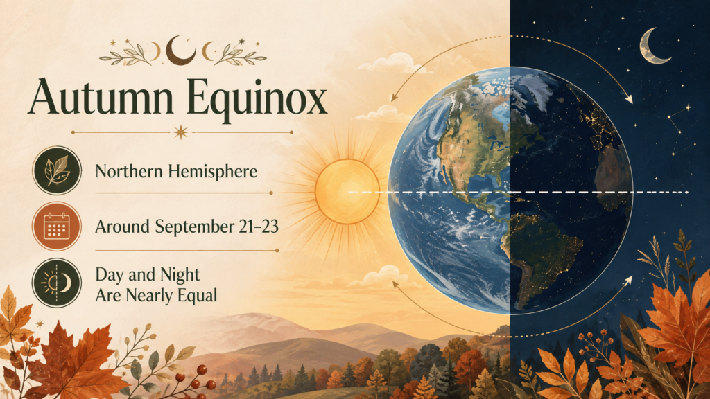 Autumn equinox graphic showing the Northern Hemisphere, the September 21–23 date range, and nearly equal day and night.