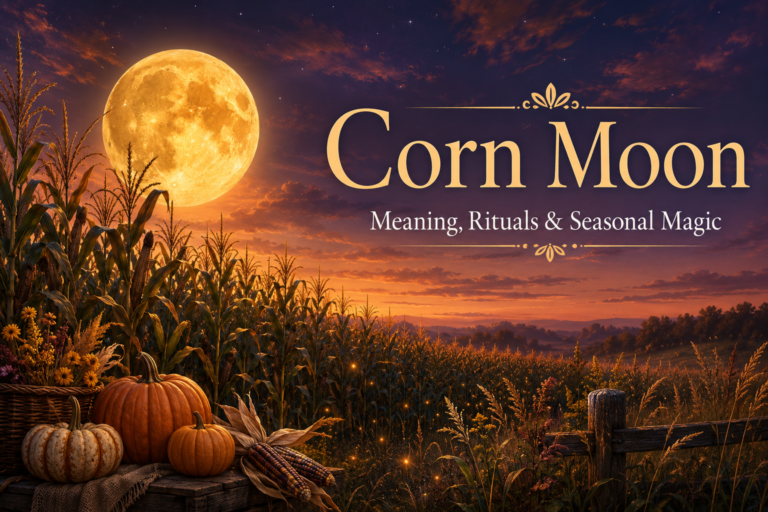 Golden Corn Moon rising over a late-summer cornfield at twilight with pumpkins and harvest scenery