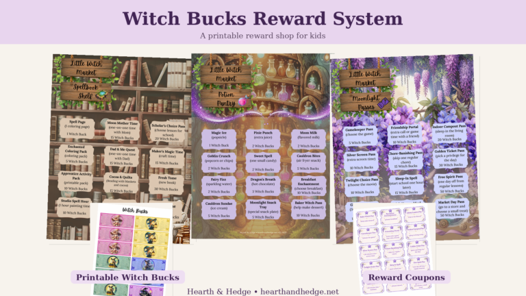 Witch Bucks printable reward system with reward shop pages, play money, coupons, and Quest Board